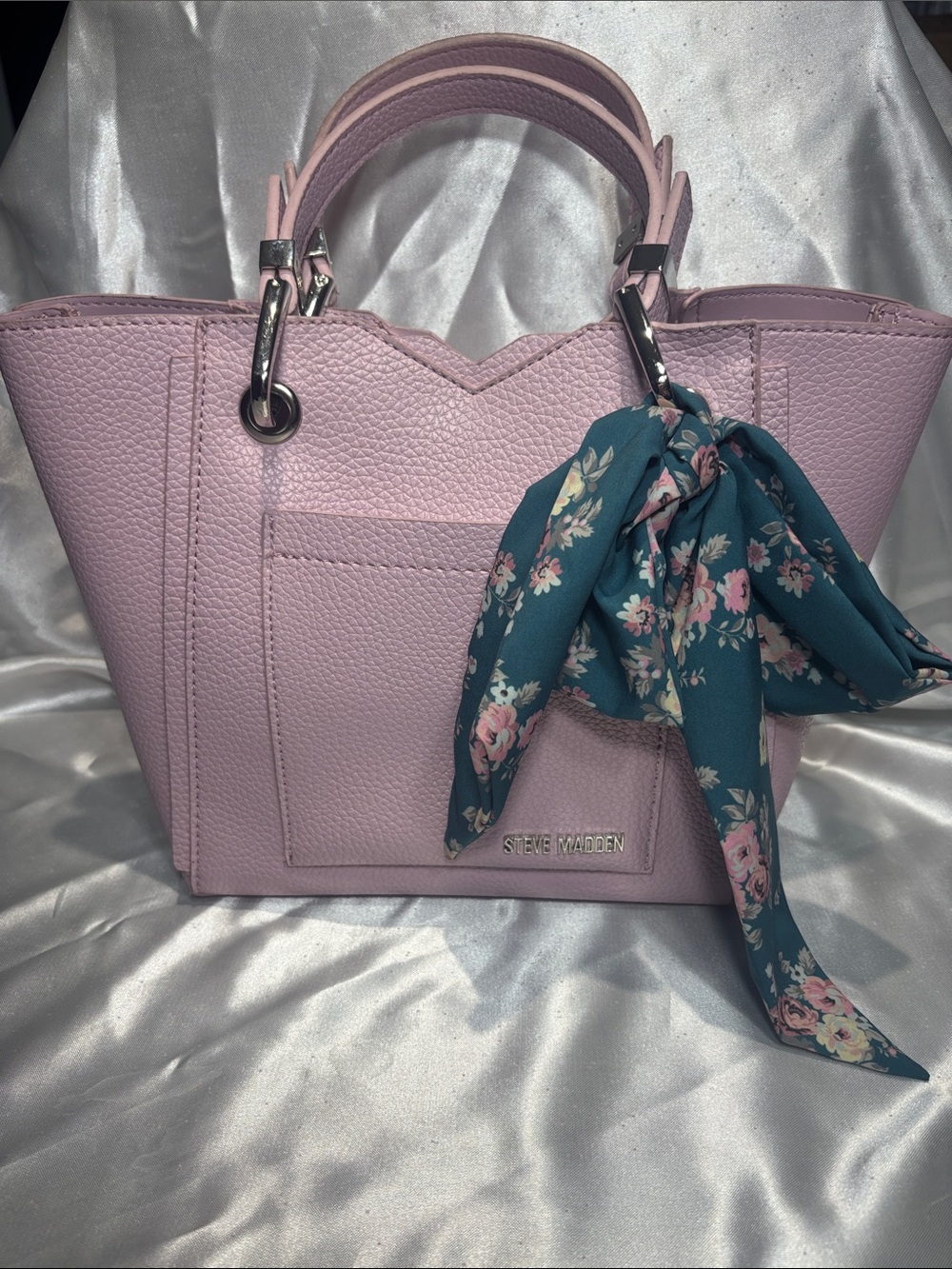 Steve Madden Light Pink Top-Handle Crossbody Tote with Floral Scarf Accent